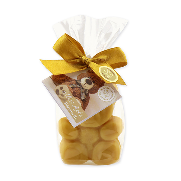 Schafmilchseife Teddy flach mittel 55g, "Alles Liebe" in Cello, Quitte 