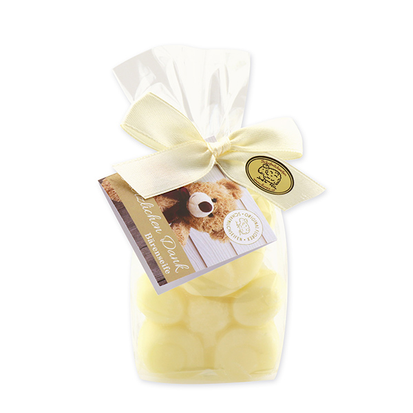 Schafmilchseife Teddy flach mittel 55g, "Herzlichen Dank" in Cello, Classic 