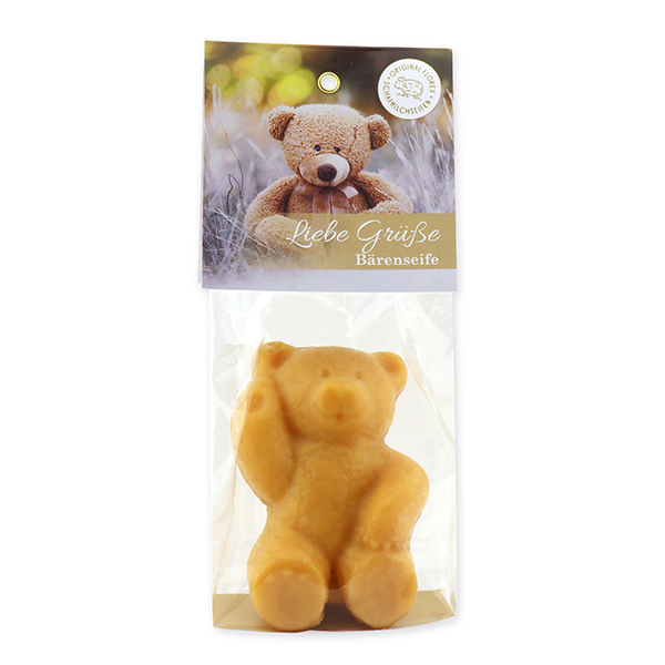 Schafmilchseife Teddy groß 120g, "Liebe Grüße" in Cello, Quitte 