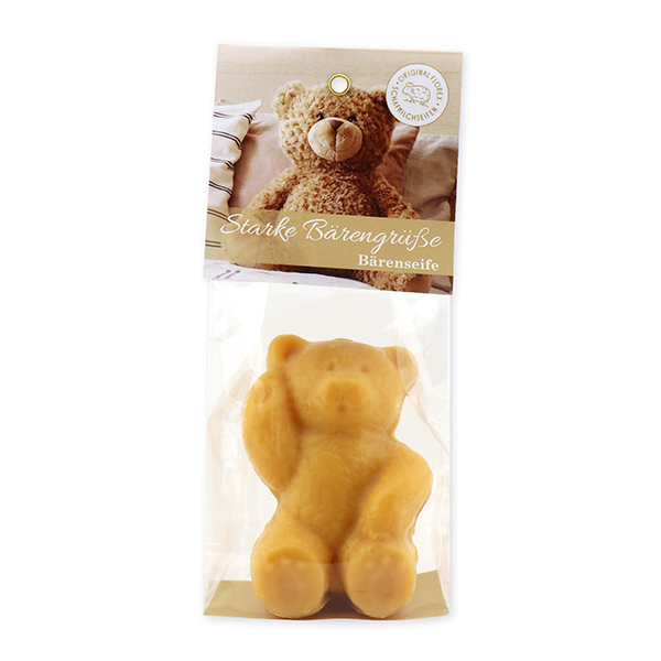 Sheep milk soap teddy bear big 120g, "Starke Bärengrüße" in a cellophane, Quince 