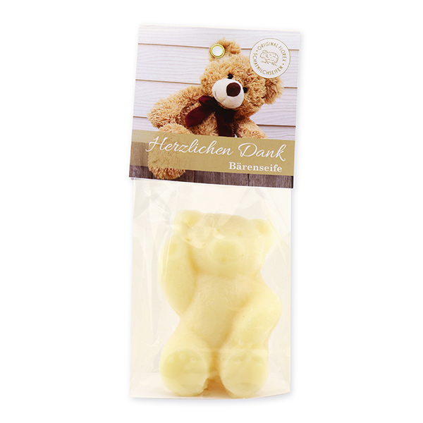 Sheep milk soap teddy bear big 120g, "Herzlichen Dank" in a cellophane, Classic 