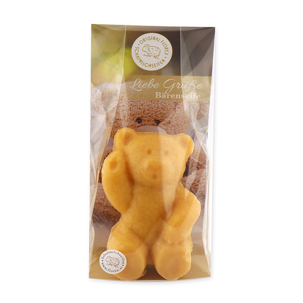 Sheep milk soap teddy bear big 120g, "Liebe Grüße" in a cellophane, Quince 