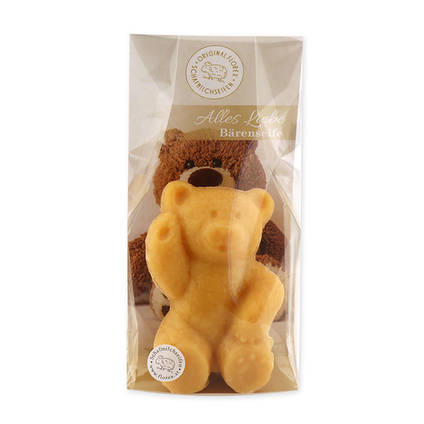 Sheep milk soap teddy bear big 120g, "Alles Liebe" in a cellophane, Quince 