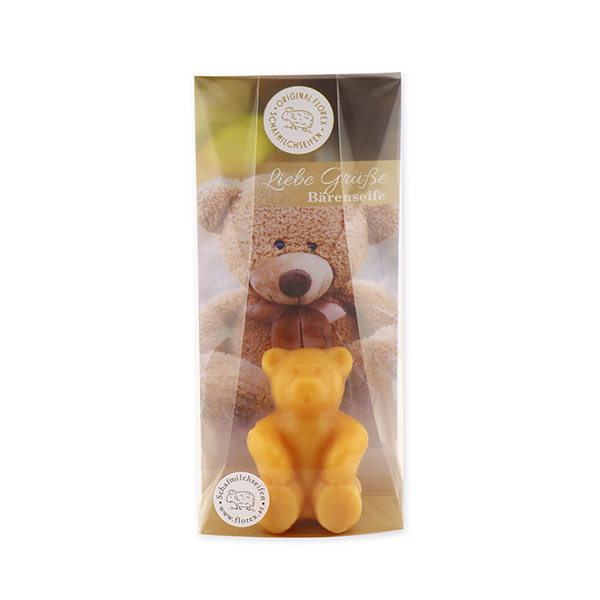 Schafmilchseife Teddy klein 25g, "Liebe Grüße" in Cello, Quitte 