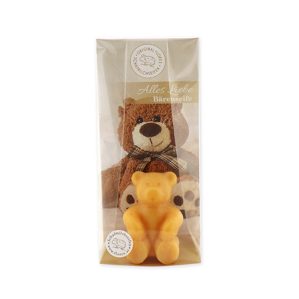 Sheep milk soap teddy bear small 25g, "Alles Liebe" in a cellophane, Quince 