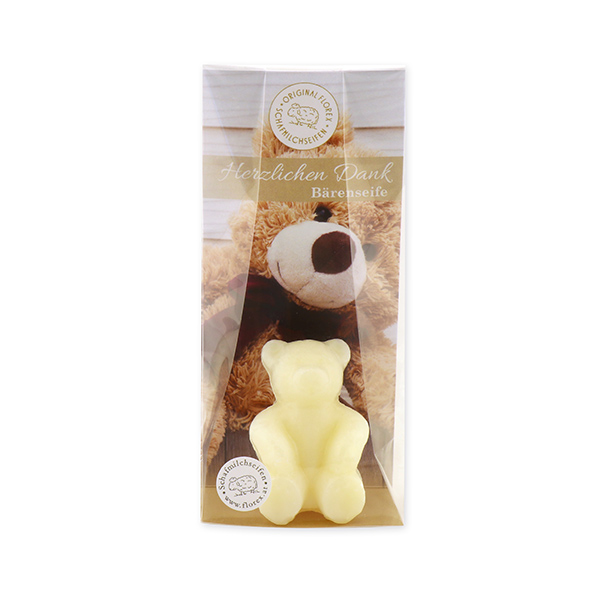 Sheep milk soap teddy bear small 25g, "Herzlichen Dank" in a cellophane, Classic 