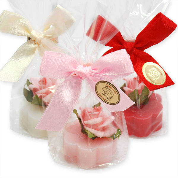 Sheep milk soap flower 20g, decorated with a rose in a cellophane, sorted 