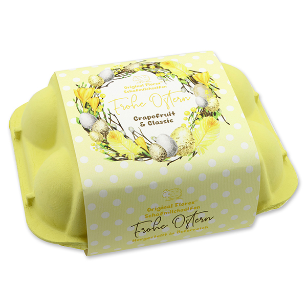 Sheep milk soap Easteregg 61g "Frohe Ostern" in an egg carton, classic/grapefruit 