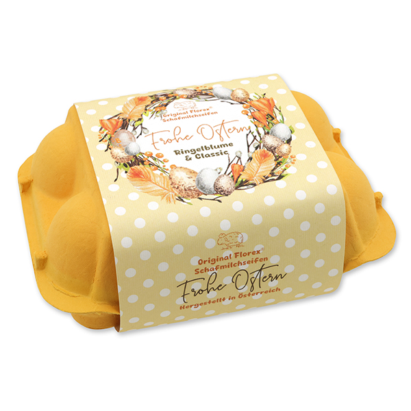 Sheep milk soap Easteregg 61g "Frohe Ostern" in an egg carton, classic/marigold 