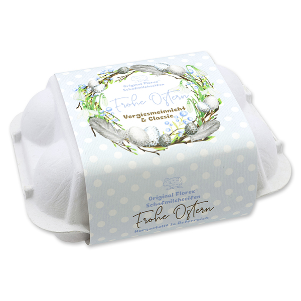 Schafmilchseifen Ostereier 61g "Frohe Ostern" im Eierkarton, Classic/Vergissmeinnicht 