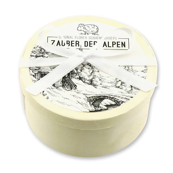 Schafmilchseife rund 100g in Spanschachtel 
"Zauber der Alpen", Edelweiß 