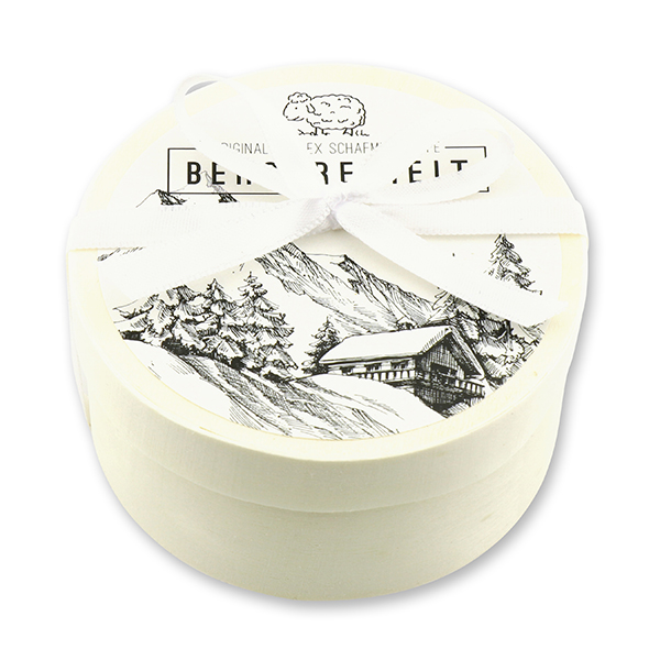 Schafmilchseife rund 100g in Spanschachtel 
"Bergfreiheit", Schneerose 