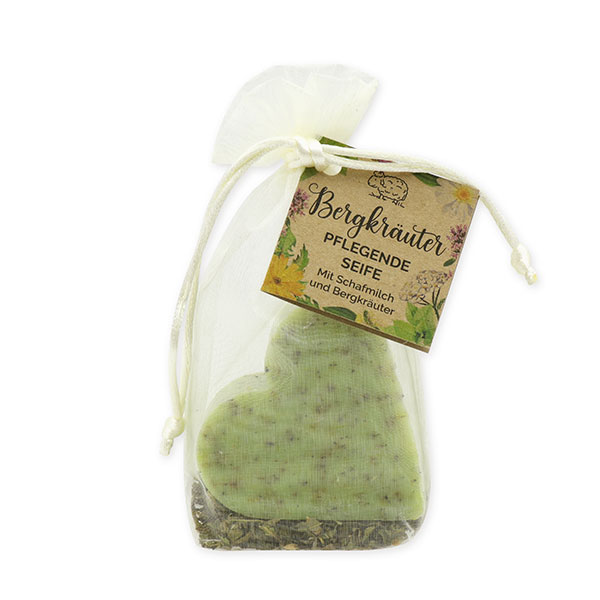 Schafmilchseife Herz groß 85g mit Bergkräuter im Organzasackerl "Wohlfühlzeit", Bergkräuter 