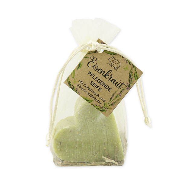 Schafmilchseife Herz groß 85g mit Eisenkrautkräuter im Organzasackerl "Wohlfühlzeit", Eisenkraut 