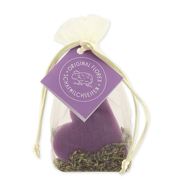 Schafmilchseife Herz groß 85g, mit Lavendelblüten im Organzasackerl, Lavendel 