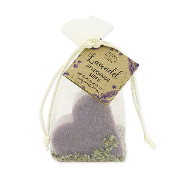 Schafmilchseife Herz groß 85g mit Lavendelblüten im Organzasackerl "Wohlfühlzeit", Lavendel 