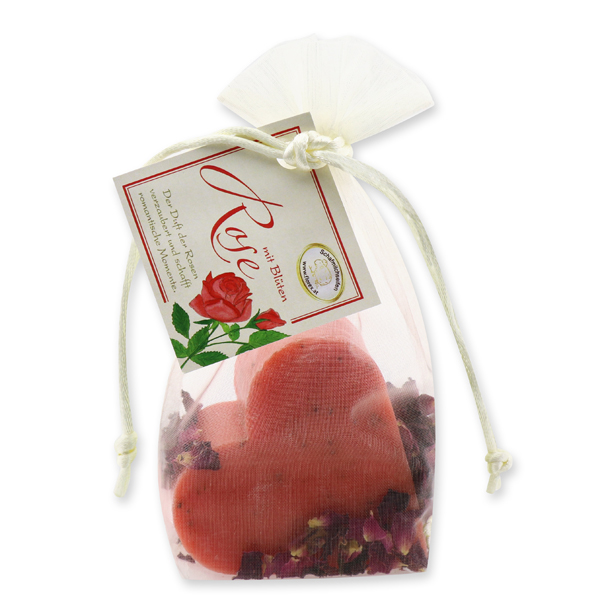 Schafmilchseife Herz groß 85g, mit Rosenblüten im Organzasackerl, Rose mit Blüten 