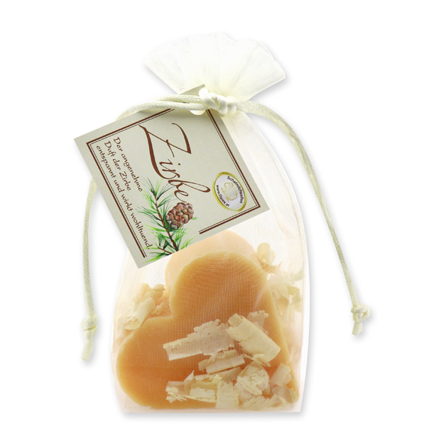 Sheep milk soap heart 85g, with swiss pine shavings in organza, Swiss pine 