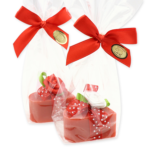 Sheep milk soap heart 65g, decorated with a rose in a cellophane, Pomegranate 