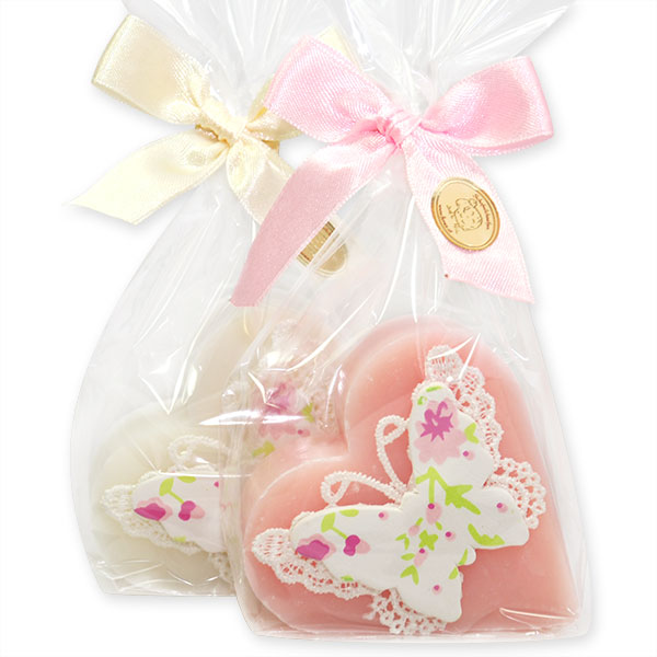 Sheep milk soap heart 85g, decorated with a butterfly in a cellophane, Classic/peony 