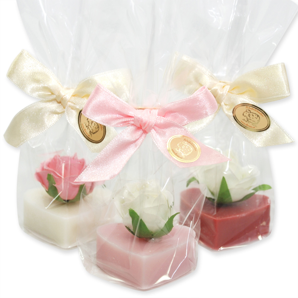 Sheep milk soap heart 23g, decorated with a rose in a cellophane, sorted 
