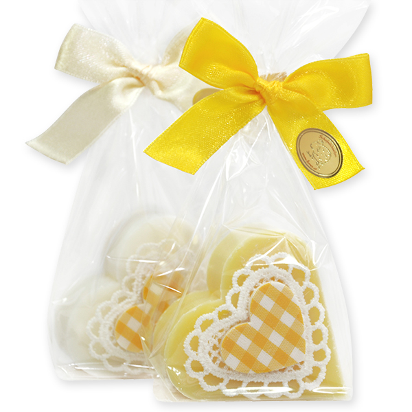 Schafmilchseife Herz 65g, dekoriert mit Herz gehäkelt in Cello, Classic/Grapefruit 