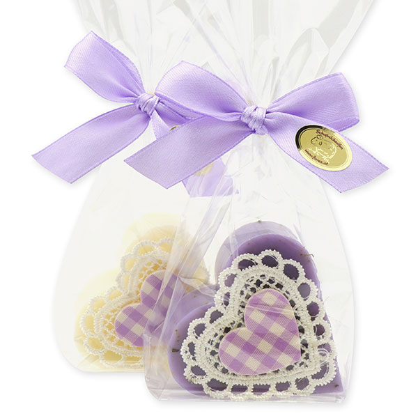Sheep milk soap heart 65g decorated with a heart in a cellophane, Classic/lavender 