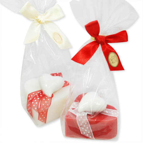 Sheep milk soap heart 85g, decorated with a ceramic heart in a cellophane, Classic/pomegranate 