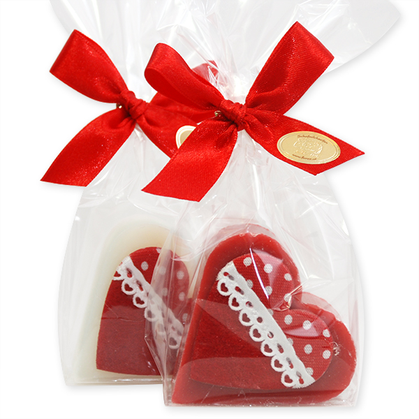 Sheep milk soap heart 65g, decorated with a heart in a cellophan, Classic/pomegranate 