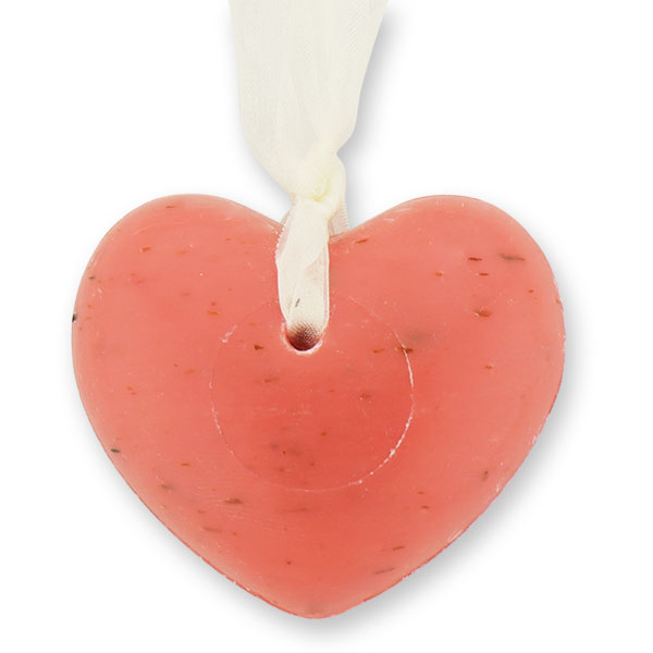 Schafmilchseife Herz mollig 60g, hängend mit Organzaband, Rose mit Blüten 