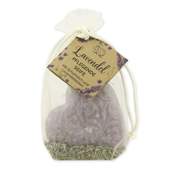 Schafmilchseife Herz Florex 80g mit Lavendelblüten im Organzasackerl "Wohlfühlzeit", Lavendel 