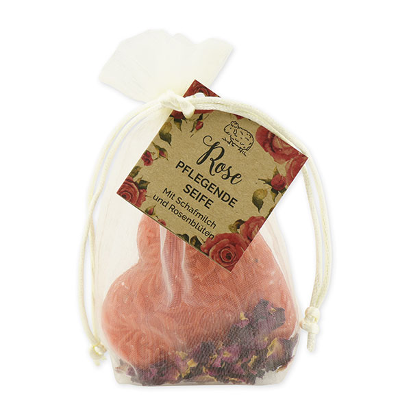 Schafmilchseife Herz Florex 80g mit Rosenblüten im Organzasackerl "Wohlfühlzeit", Rose mit Blüten 