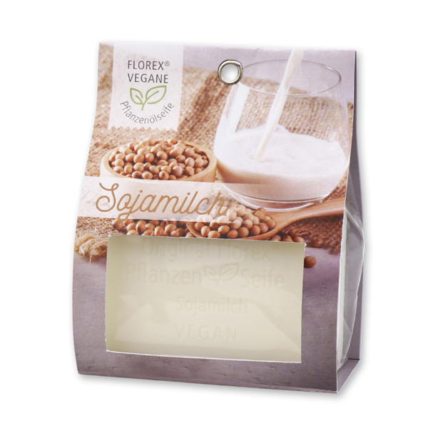Vegan oil soap 100g in a bag with a window, Soy milk 