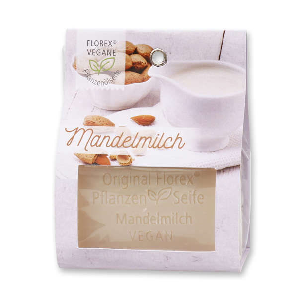 Pflanzenölseife eckig 100g in Tasche mit Sichtfenster, Mandelmilch 