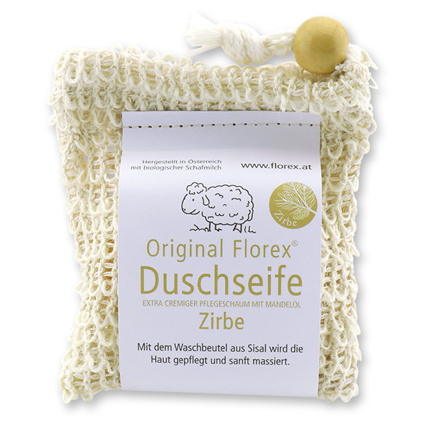 Shower soap with sheep milk 100g in a sisal wash bag, Swiss pine 