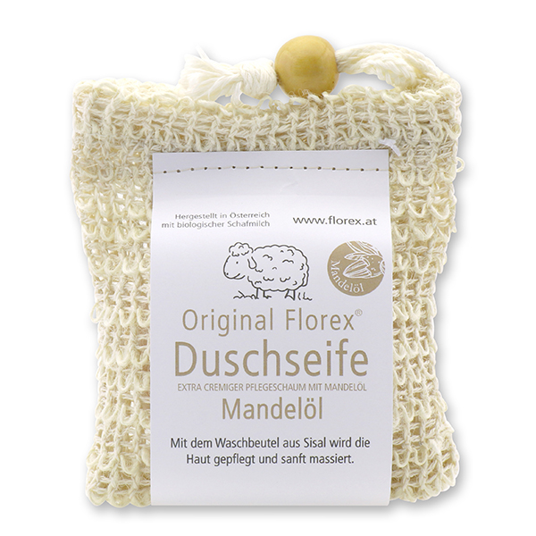 Shower soap with sheep milk 100g in a sisal wash bag, Almond oil 