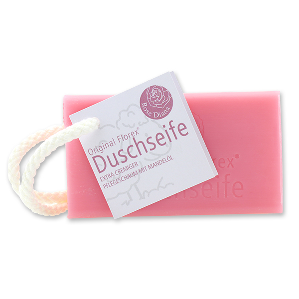 Duschseife mit Schafmilch eckig 120g, hängend mit Kordel, Rose Diana 