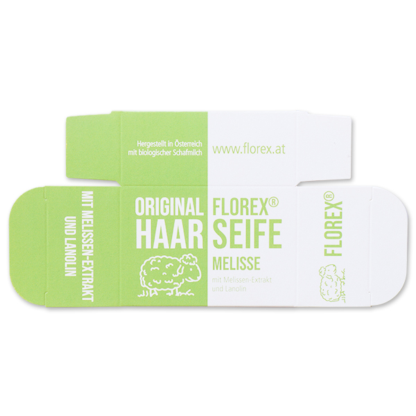 Papier-Schachtel für Haarseife mit Schafmilch eckig 100g, Melisse 