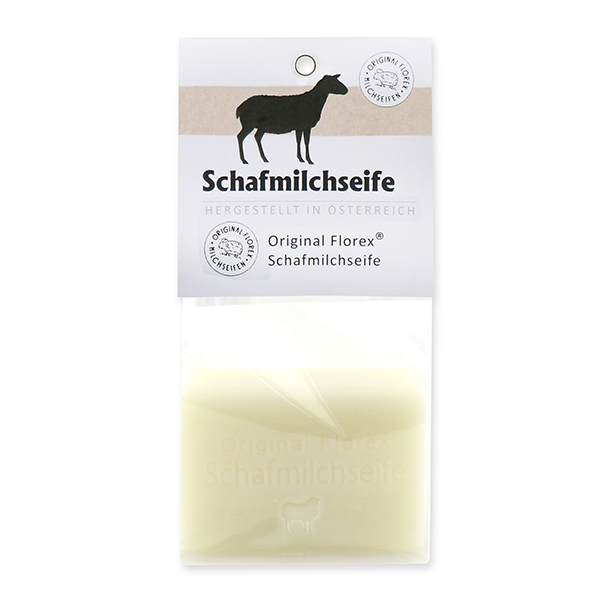 Milchseife eckig 100g in Cello mit Karte, Schafmilch 