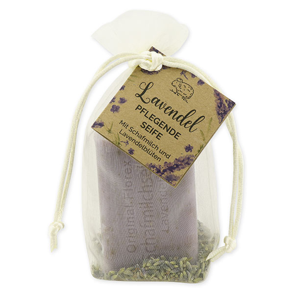Schafmilchseife eckig 100g mit Lavendelblüten im Organzasackerl "Wohlfühlzeit", Lavendel 