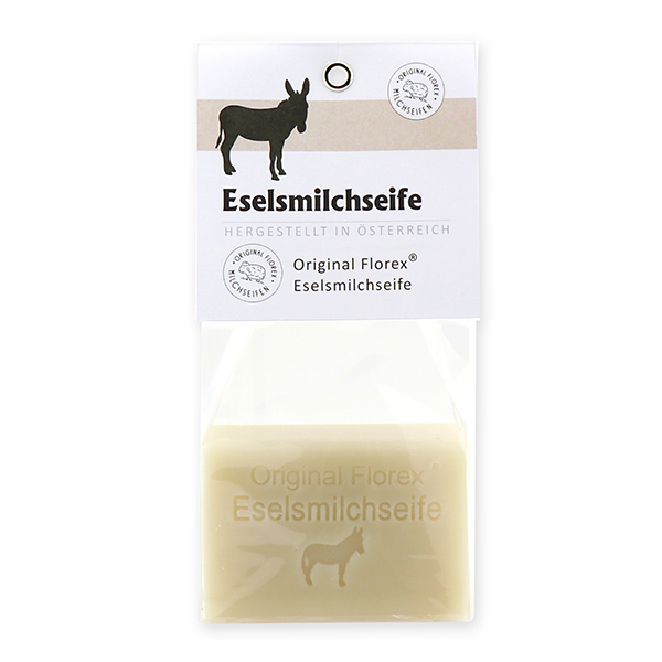 Milchseife eckig 100g in Cello mit Karte, Eselsmilchseife 
