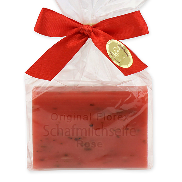 Schafmilchseife eckig 100g in Cello, Rose mit Blüten 