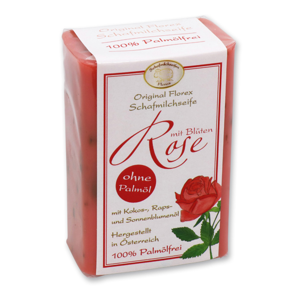 Palmölfreie Schafmilchseife eckig 100g klassisch hoch, Rose mit Blüten 