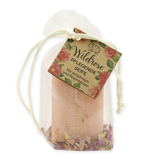 Schafmilchseife eckig 100g mit Rosenblüten im Organzasackerl "Wohlfühlzeit", Wildrose 