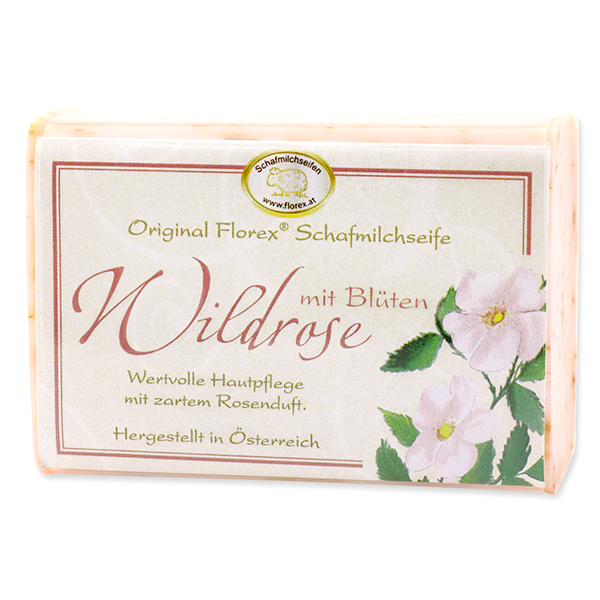 Schafmilchseife eckig 100g klassisch, Wildrose mit Blüten 