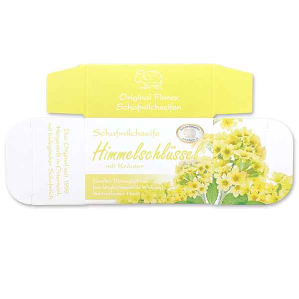 Papier-Schachtel MC für Schafmilchseife eckig 100g, Himmelschlüssel mit Kräuter 