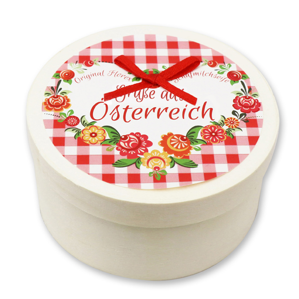 Sheep milk soap heart 65g with swiss pine shavings in a box "Greetings from Austria", Pomegranate 