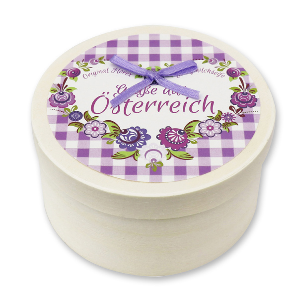 Sheep milk soap heart 65g with swiss pine shavings in a box "Greetings from Austria", Lavender-Lime 