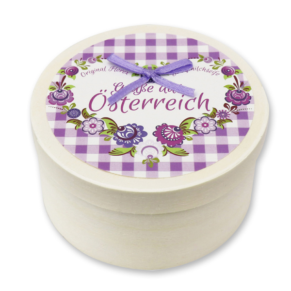 Schafmilchseife Herz midi plus 65g mit Zirbenspäne in Spanschachtel "Grüße aus Österreich", Lavendel-Limone 