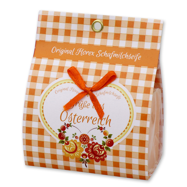 Schafmilchseife eckig 100g in Papier-Tasche "Grüße aus Österreich", Orange 